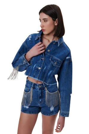 Influencer giacca in denim con fondo sfrangiato e fila di strass 01d2039 [92481cee]