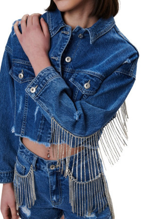 Influencer giacca in denim con fondo sfrangiato e fila di strass 01d2039 [4b6e5fe3]