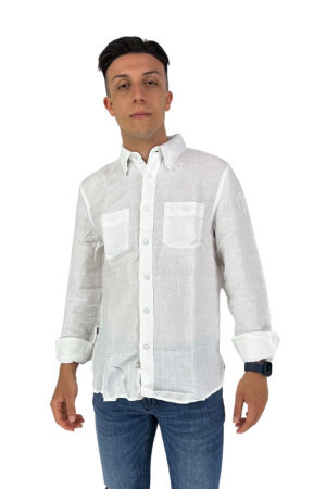 Blauer camicia botton down in lino con taschini 23sblus01346 [212b852e]