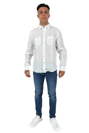 Blauer camicia botton down in lino con taschini 23sblus01346 [4a404039]