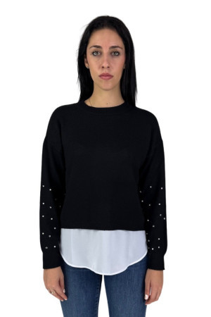 Fresh Flower maglia girocollo cropped con perle sulle maniche ff483 [f2a7a624]