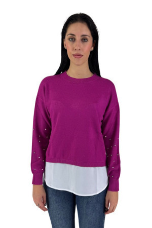 Fresh Flower maglia girocollo con perle e strass sulle maniche ff443 [1e591cca]