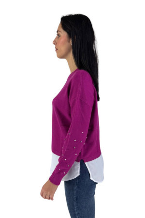 Fresh Flower maglia girocollo con perle e strass sulle maniche ff443 [1e591cca]